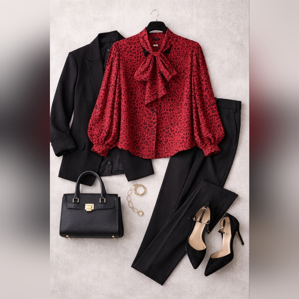 Chico’s Red Leopard Tie Neck Blouse Size 3 XL 16 18 Balloon Sleeve Work to Night